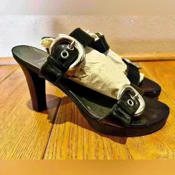 Stuart Weitzman Y2K Chunky Buckle Black Heels Size 7.5 - Picture 3 of 10